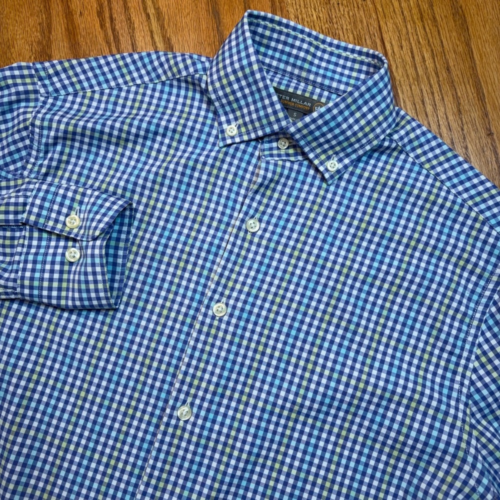Peter Millar Summer Comfort Shirt Mens S Blue Gingham Performance Button Down